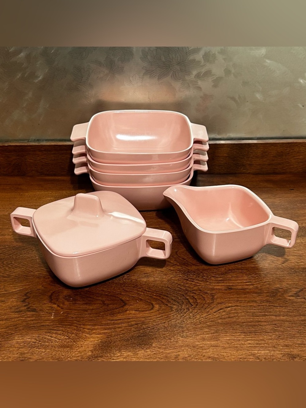 Vtg Pink Coral Melmac Melamine Bowls - Cream / Sugar Set - Brookpark - 50's 60's